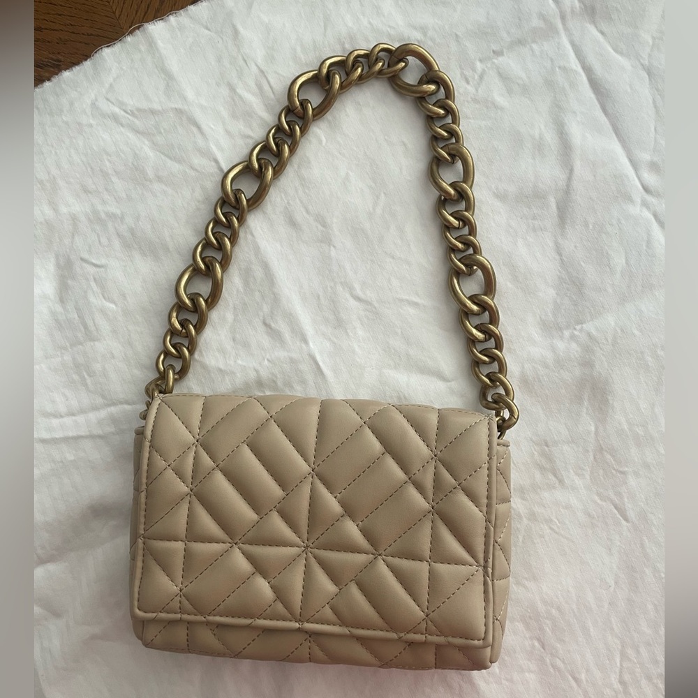 Zara Beige Quilted Shoulder Bag with Chain